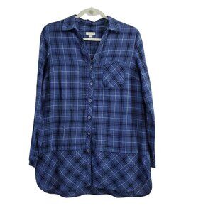 J. Jill Tunic Top Small Plaid‎ Blue Curved Hem Shirt Button Up Collared Casual